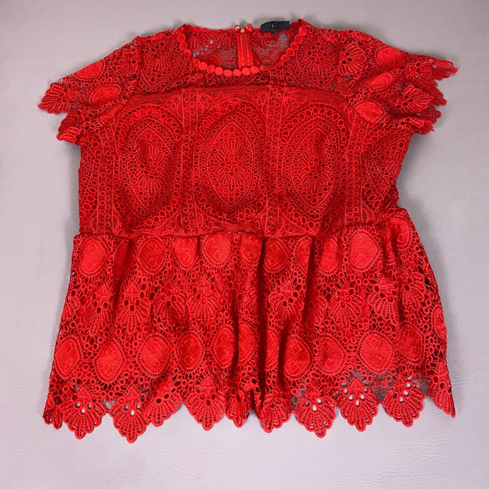Lane Bryant Blouse Plus Size 20 Red Lace Peplum Short Sleeve‎ Scalloped Hem Zip